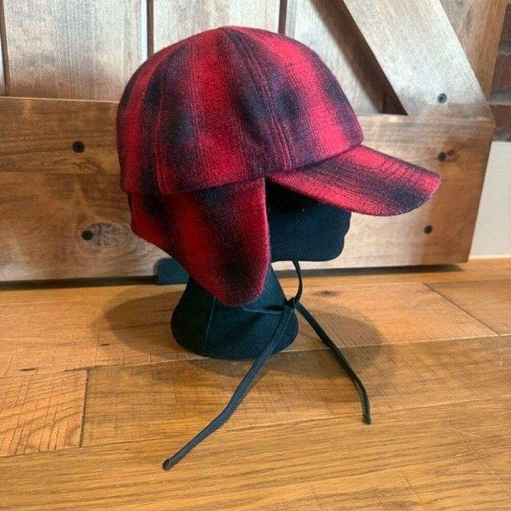 Buffalo Plaid Wool Blend Trapper Hat Ear Flaps Red Black L - XL